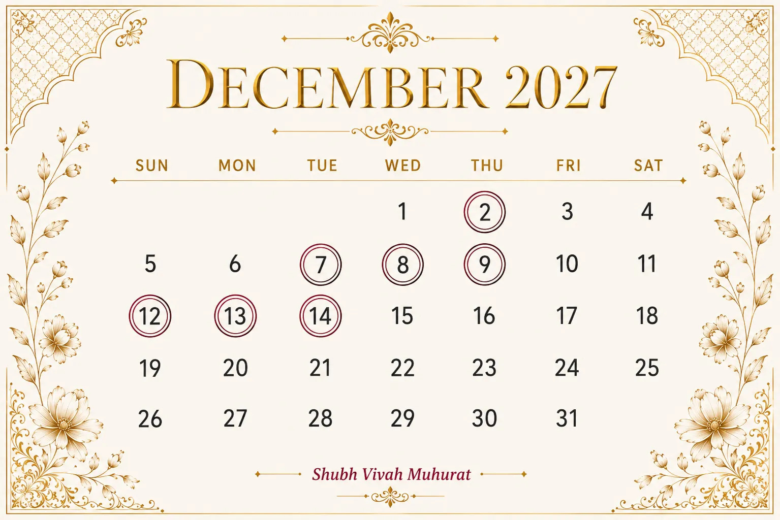vivah muhurat december 2027 calendar