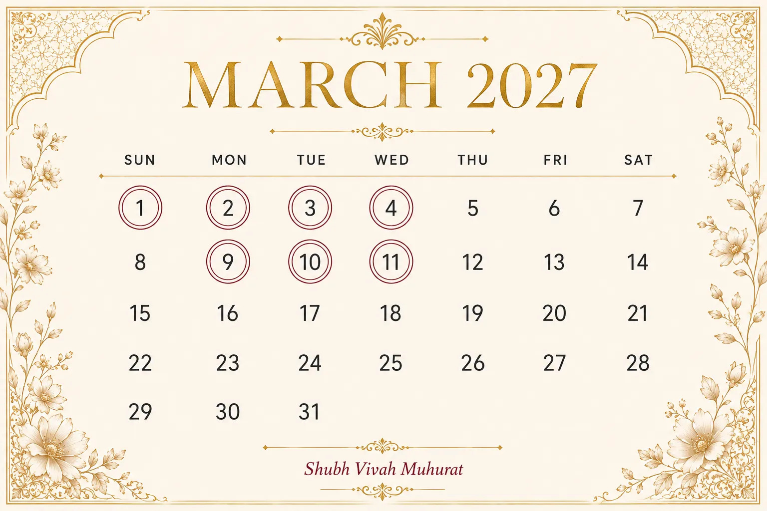 vivah muhurat march 2027 calendar